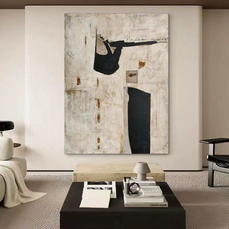 Ancient Echo – Modern Neutral Plaster Relief with Black Geometric Shapes Wabi-Sabi Painting | Japandi Organic Wabi-Sabi Living Room & Hallway Art