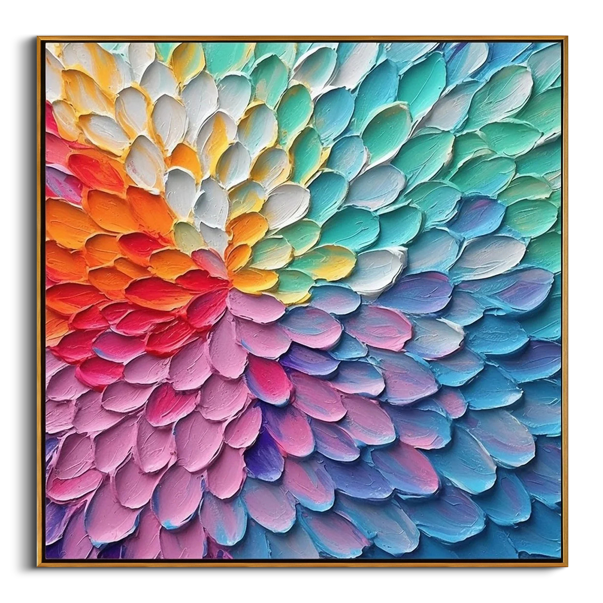 RAINBOW VORTEX: Modern Square 3D Heavy Texture Floral Wall Art, Vibrant Petal Relief Canvas