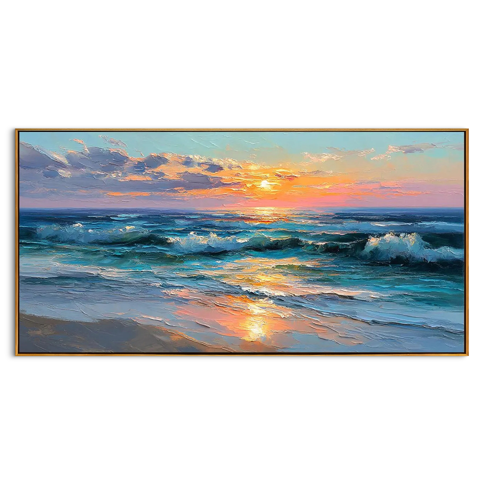 SUNSET TIDE: Panoramic 3D Heavy Texture Wave Wall Art, Modern Coastal Sunset Painting