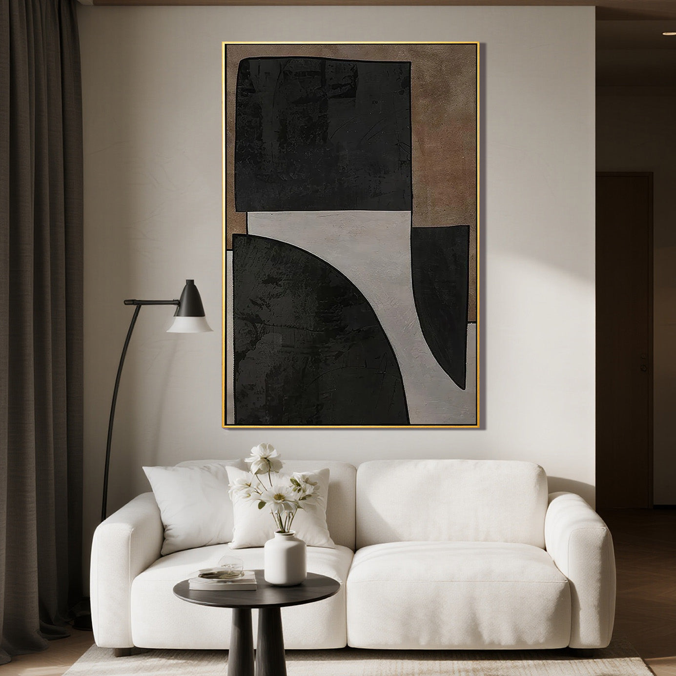 Onyx Structure – Black & Sand Minimalist Block Wabi-Sabi Painting | Japandi Organic Wabi-Sabi Living Room & Hallway Art