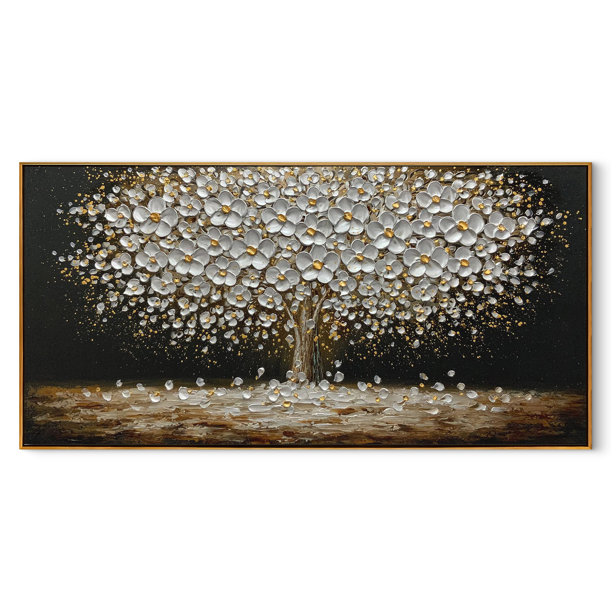 GOLDEN GLOW: Luxury 3D Heavy Texture Floral Wall Art, Black and Gold Flower Tree Painting