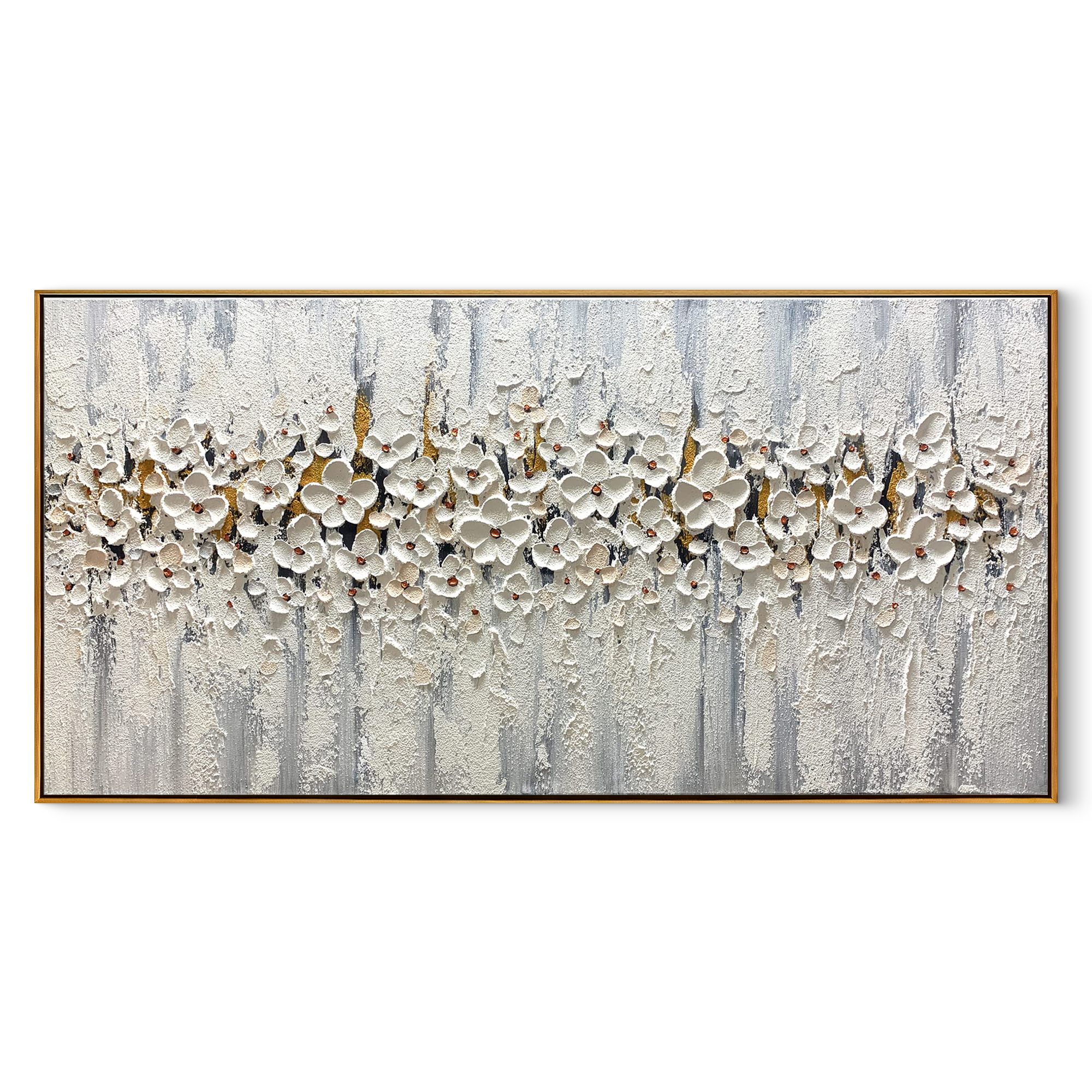White Night Symphony – Modern Heavy Impasto White Flowers Painting | Luxury Panoramic Living Room Art