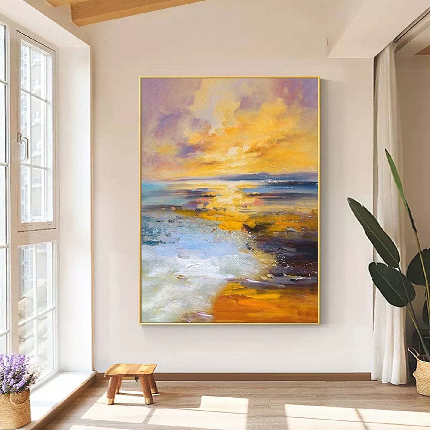 Sunset Tide – Vibrant Coastal Sunset Impasto Modern Painting | Coastal Modern Living Room & Bedroom Art