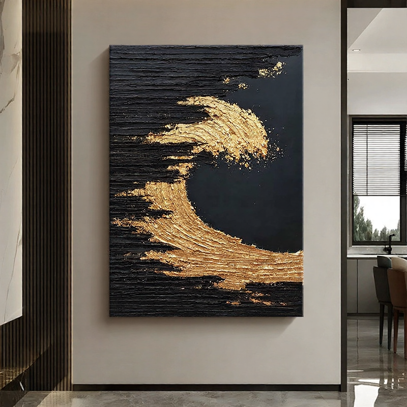 Golden Surge – Modern Black-and-Gold Textured Painting | Light-Luxury Abstract Hallway Art