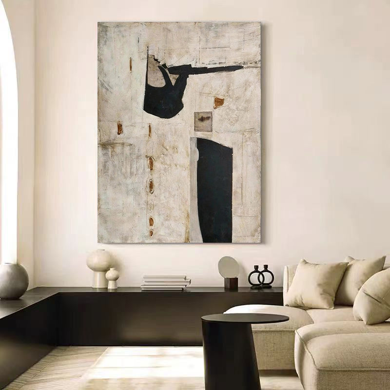 Ancient Echo – Modern Neutral Plaster Relief with Black Geometric Shapes Wabi-Sabi Painting | Japandi Organic Wabi-Sabi Living Room & Hallway Art