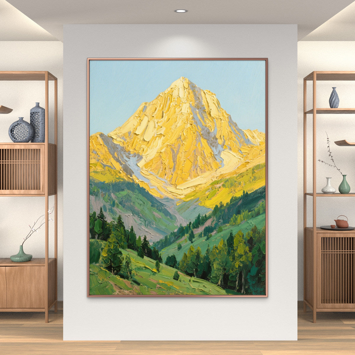 The Radiant Ridge – Contemporary Heavy Impasto Mountain & Valley Painting | Gilded Gold & Meadow Green Hallway Art
