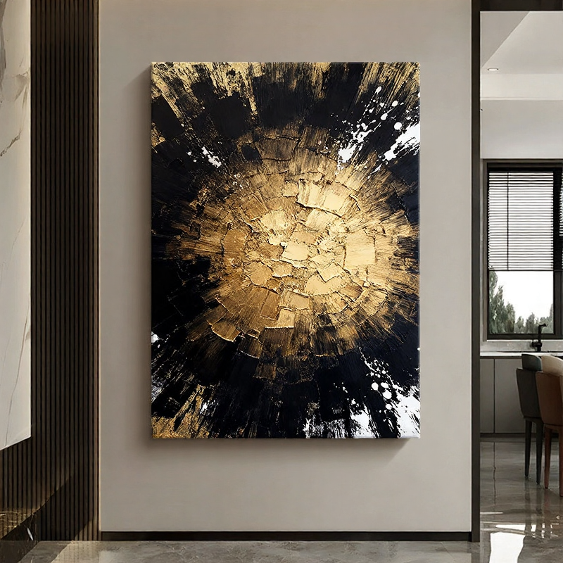 Cosmic Dawn – Modern Luxury Gold & Black Heavy Textured Painting | Premium Abstract Living Room Art