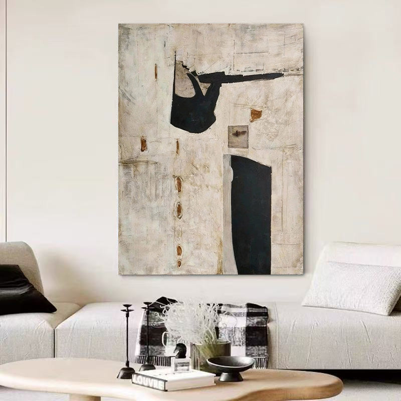Ancient Echo – Modern Neutral Plaster Relief with Black Geometric Shapes Wabi-Sabi Painting | Japandi Organic Wabi-Sabi Living Room & Hallway Art