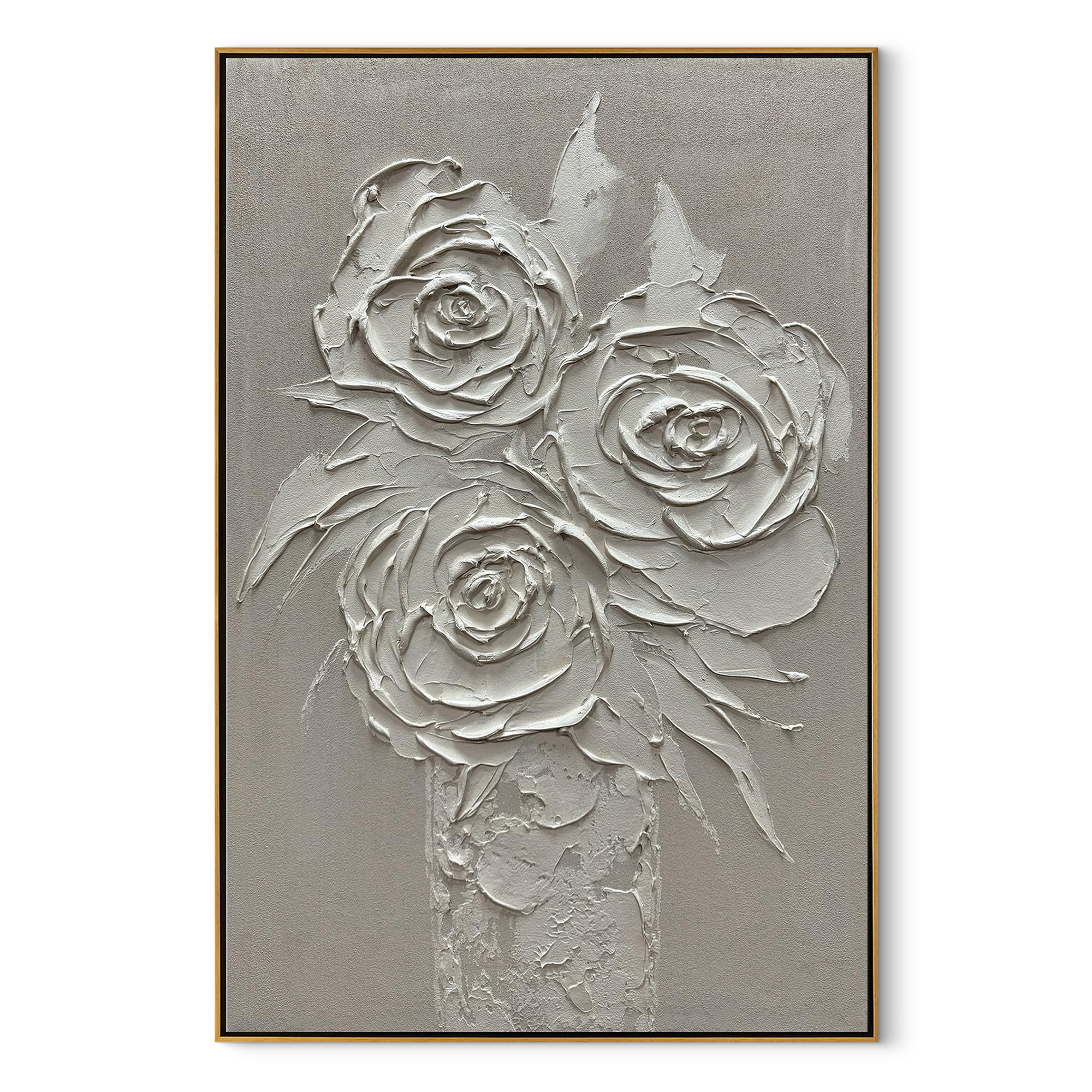 ETHEREAL VASE: 3D Heavy Texture White Rose Wall Art, Modern Floral Still Life Relief