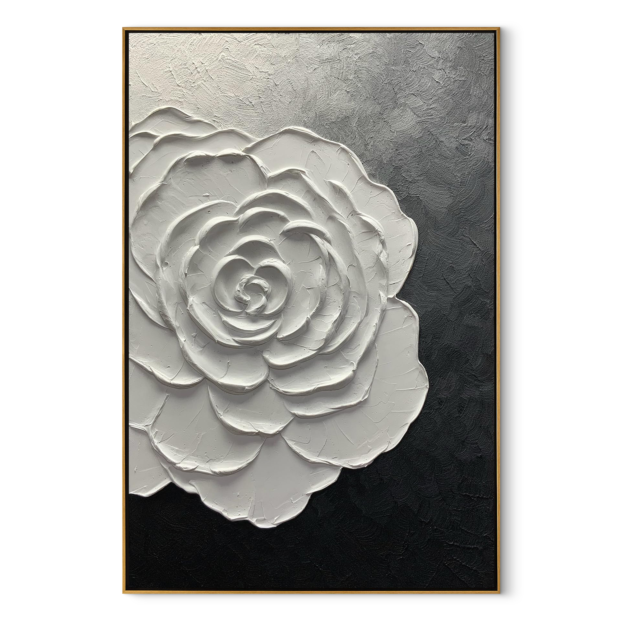 Dawn Blossom – Modern Minimalist Black-and-White Textured Painting | White Rose Living Room Art