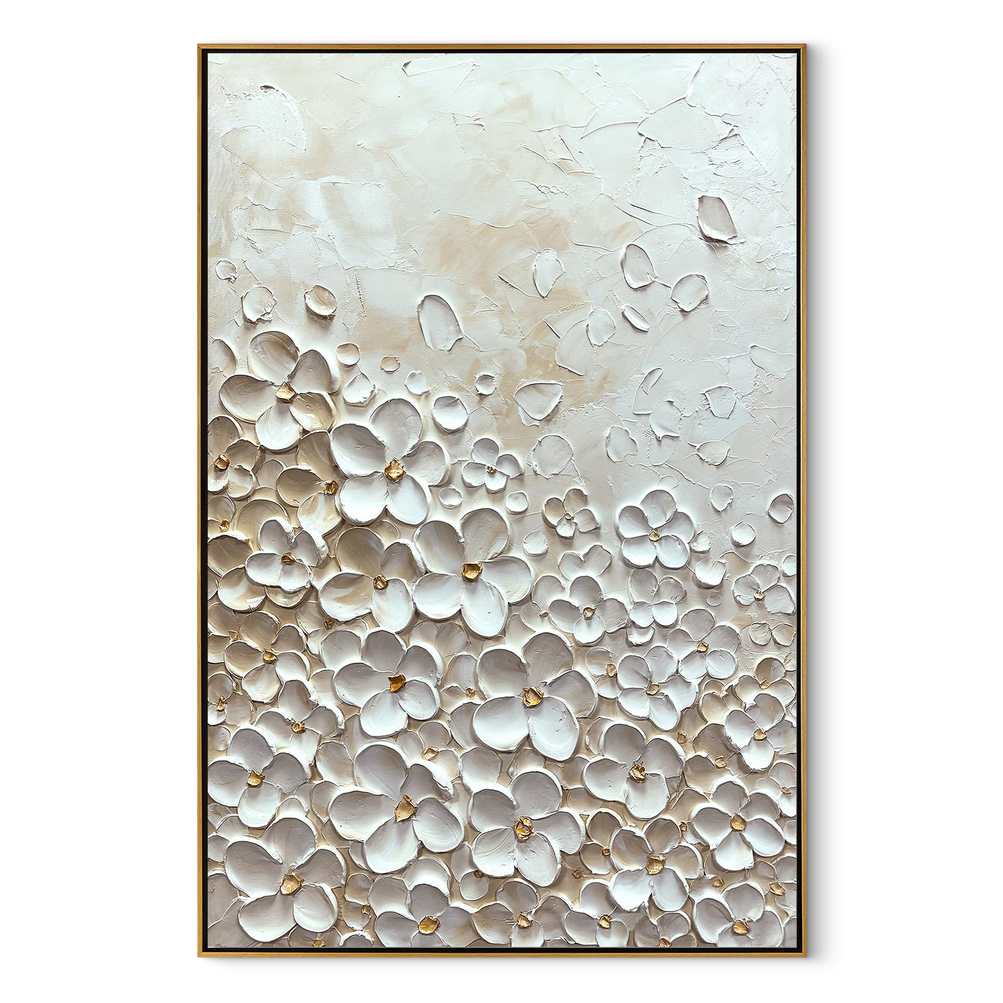 VANILLA BLOOM: 3D Heavy Texture White Flower Wall Art, Cream & Gold Relief Petal Painting
