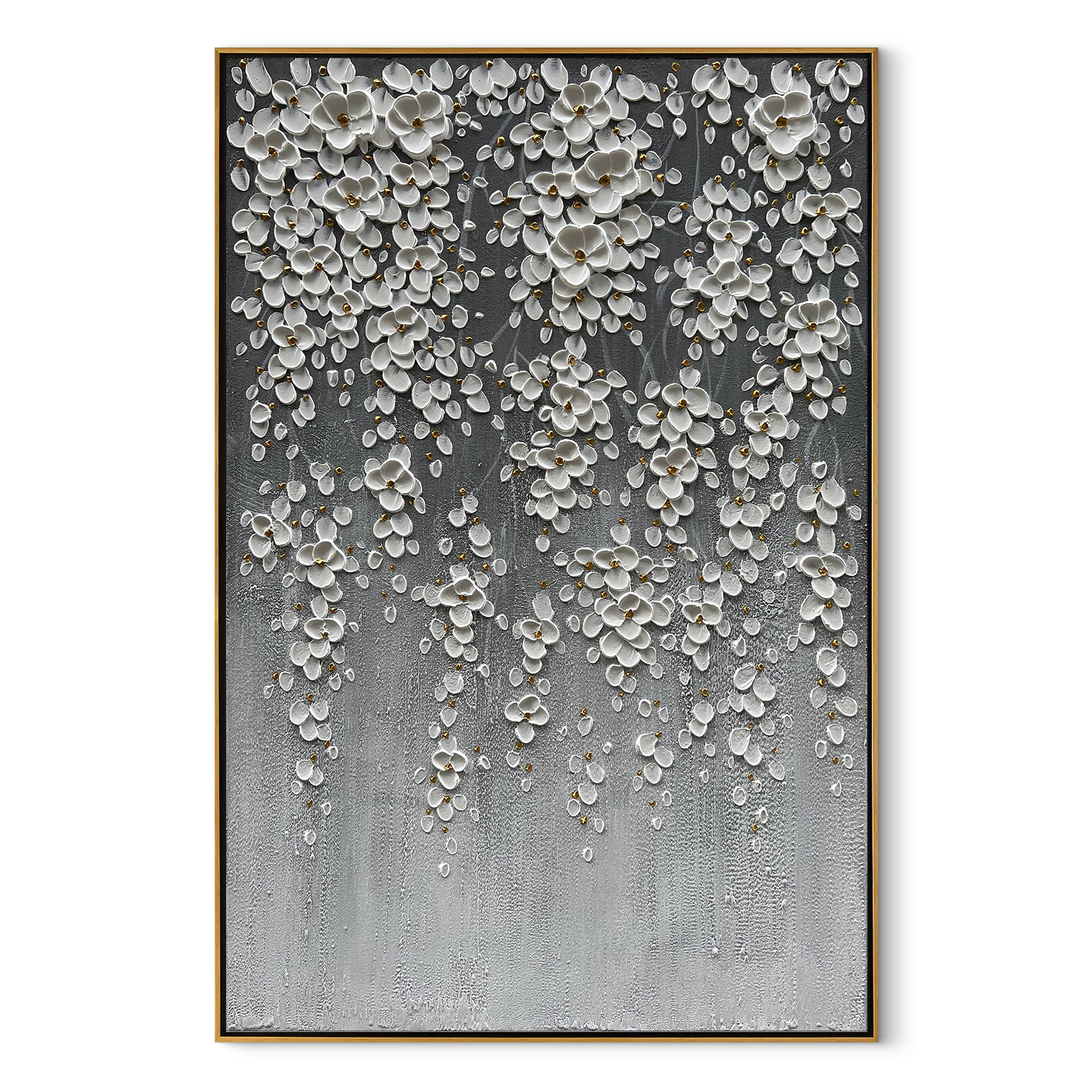 CASCADING BLOOM: 3D Heavy Texture White Blossom Wall Art, Ombre Grey Floral Relief Painting
