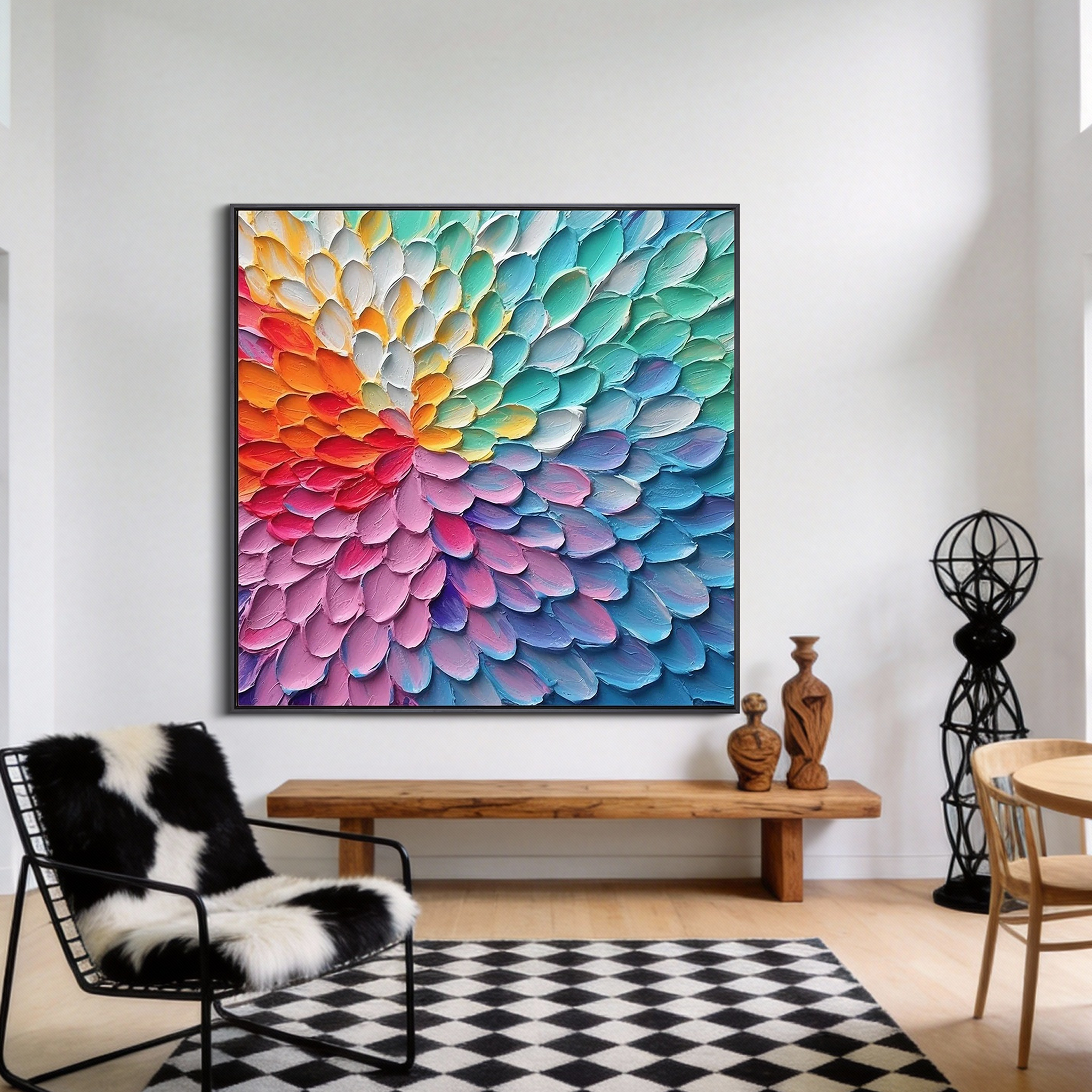 RAINBOW VORTEX: Modern Square 3D Heavy Texture Floral Wall Art, Vibrant Petal Relief Canvas