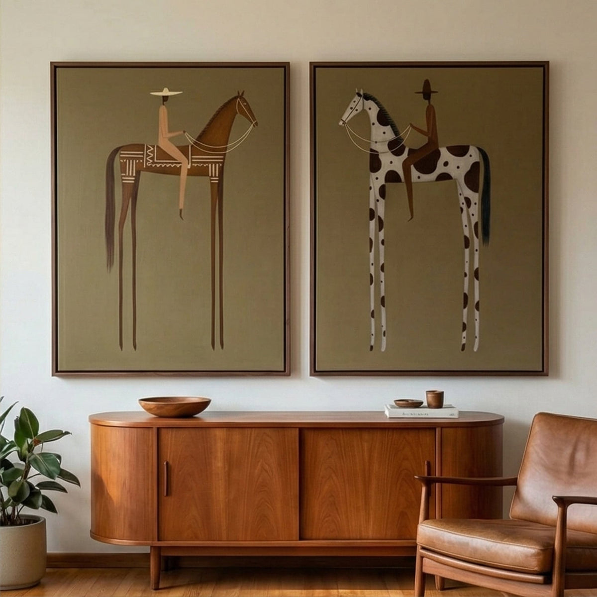 Spotted Trails Together – Brown Pinto Horse Rider Diptych | Modern Western Vertical Wall Art