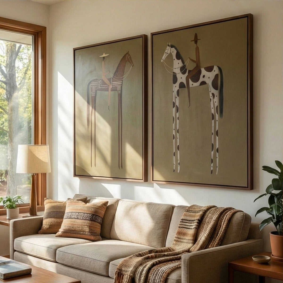 Spotted Trails Together – Brown Pinto Horse Rider Diptych | Modern Western Vertical Wall Art