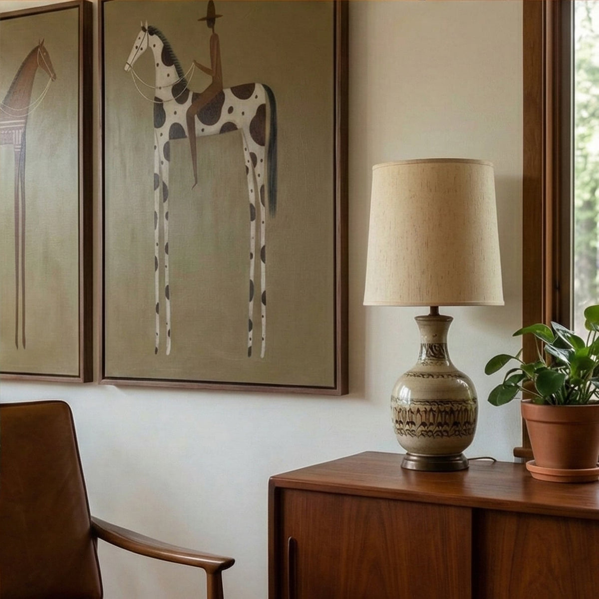 Spotted Trails Together – Brown Pinto Horse Rider Diptych | Modern Western Vertical Wall Art