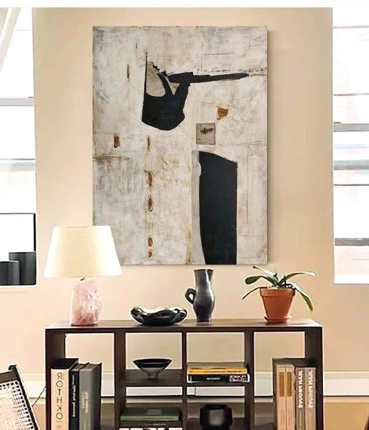 Ancient Echo – Modern Neutral Plaster Relief with Black Geometric Shapes Wabi-Sabi Painting | Japandi Organic Wabi-Sabi Living Room & Hallway Art