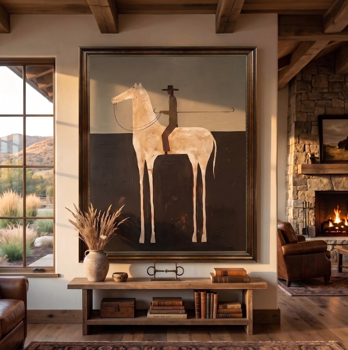 Ivory Rider After Midnight – Minimalist White Horse Rider Painting | Dark Vertical Western Wall Art