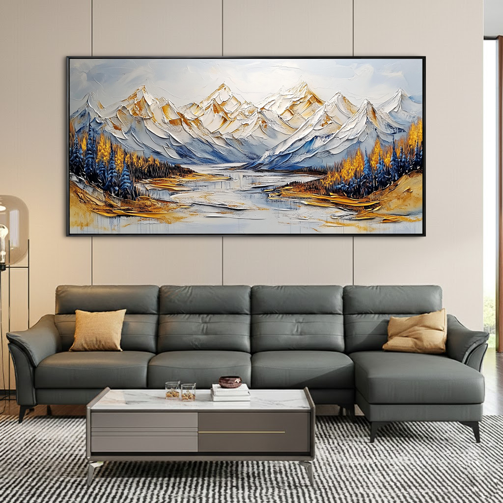 Echo of the Glacier – Modern Luxury Mountain Landscape Painting | Horizontal Impasto Living Room Art