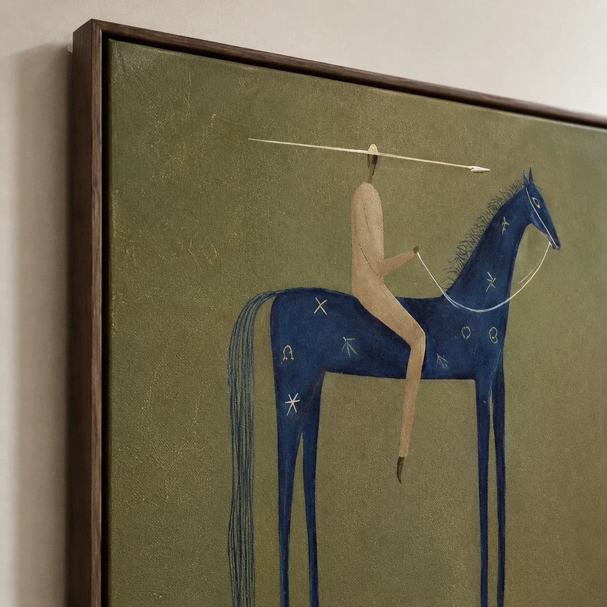 Blue Horse Stillness – Olive Blue Horse Rider Painting | Minimalist Western Vertical Wall Art