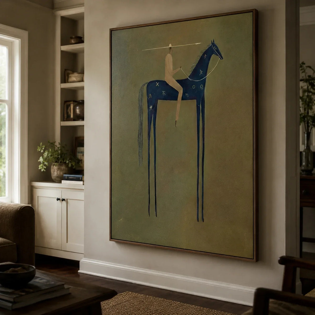 Blue Horse Stillness – Olive Blue Horse Rider Painting | Minimalist Western Vertical Wall Art