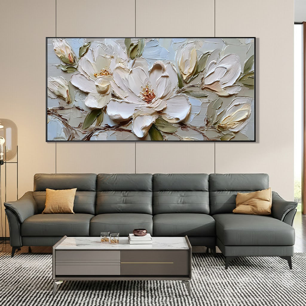 SERENE MAGNOLIA: Panoramic 3D Heavy Texture Floral Wall Art, Modern White Petal Relief Impasto
