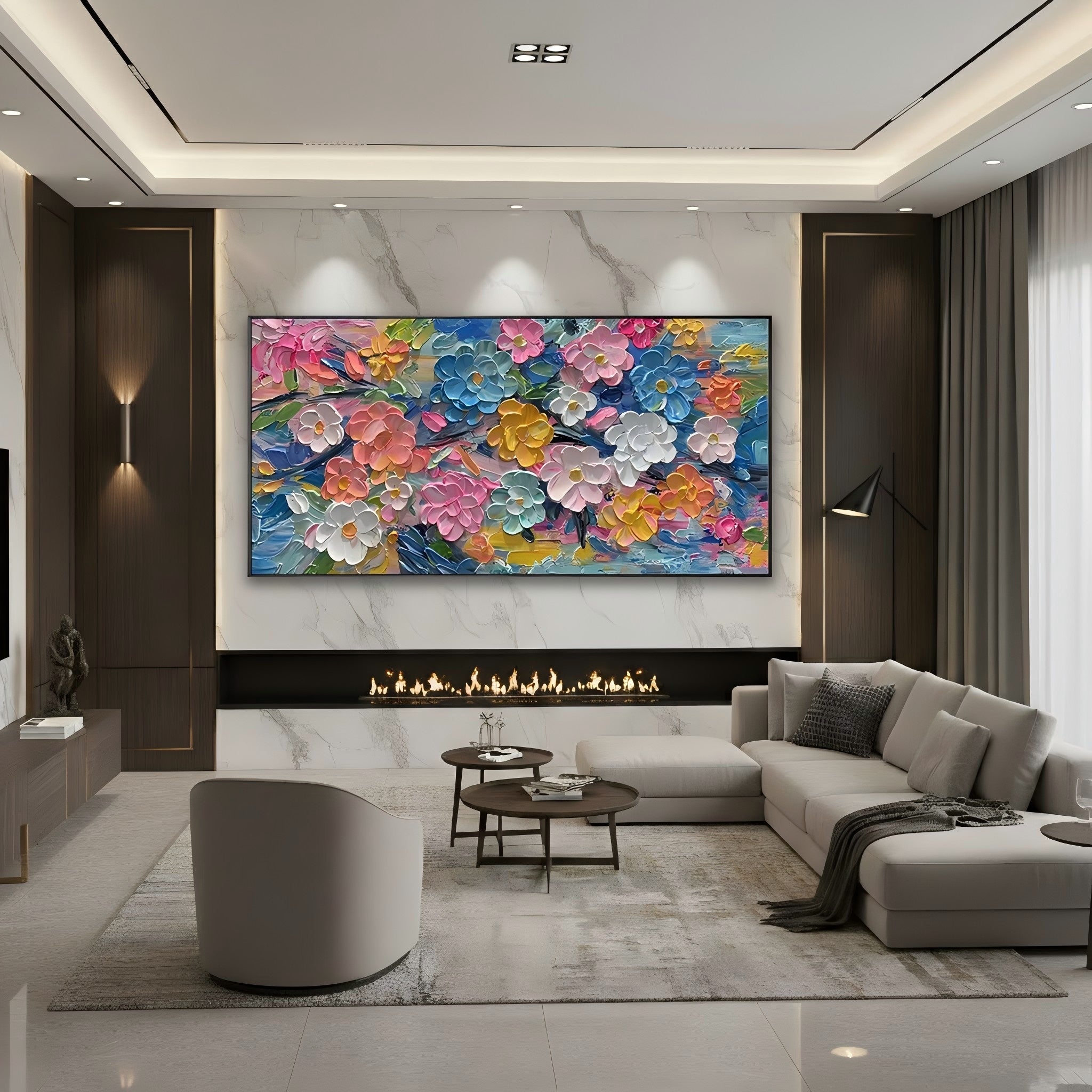 Prismatic Bloom – Hand-Painted Vibrant Multicolored 3D Impasto Palette Knife Floral Painting | Vibrant Botanical Living Room & Dining Room Art