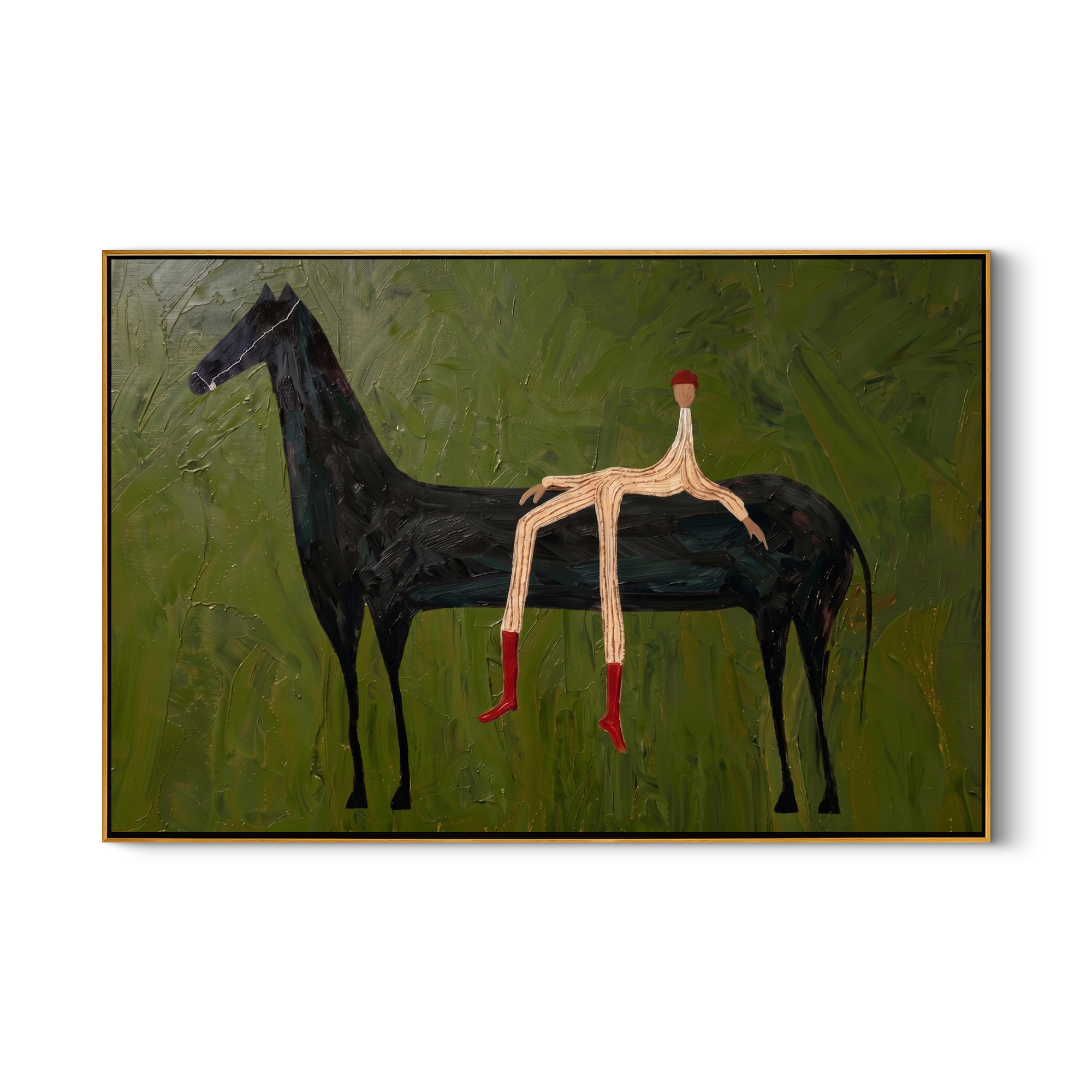 The Wilderness Rider – Modern Wabi-Sabi Dark Green Black Horse Painting | Minimalist Horizontal Living Room Art