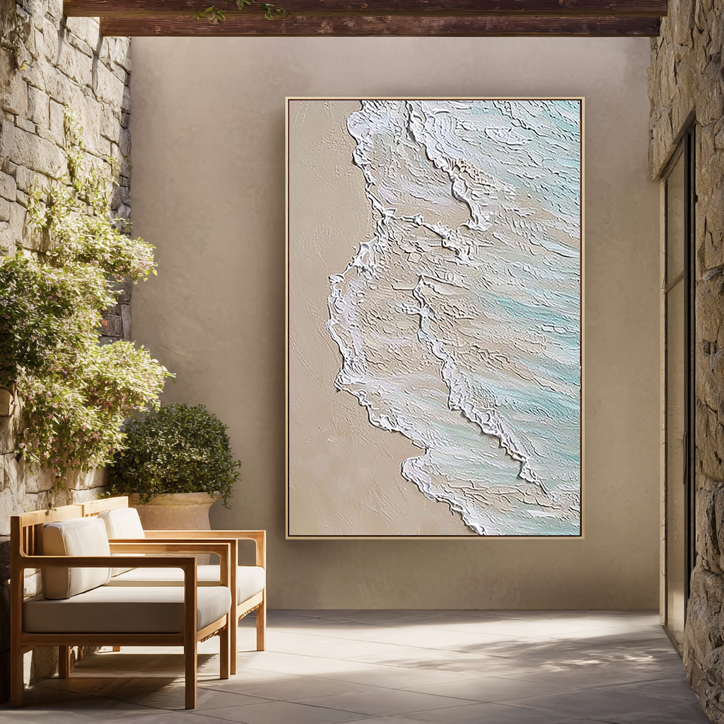 Shoreline Drift – Hand-Painted Ocean Wave Sea Foam 3D Relief Seascape Painting | Coastal Modern Living Room & Bedroom Art