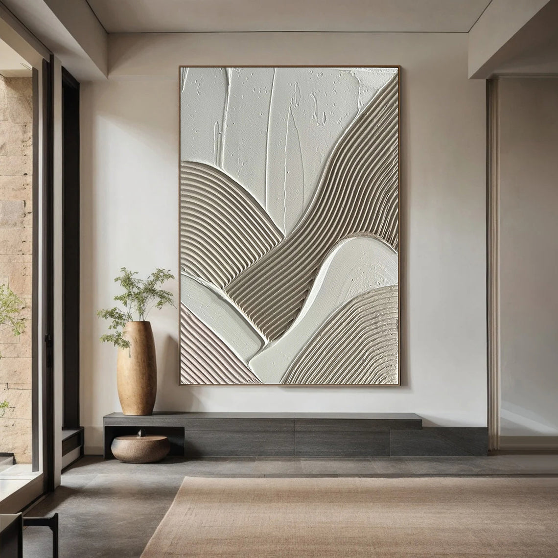 Geometric Flow – Hand-Painted Neutral Multi-Directional Plaster Relief Texture Painting | Modern Abstract Living Room & Office Art
