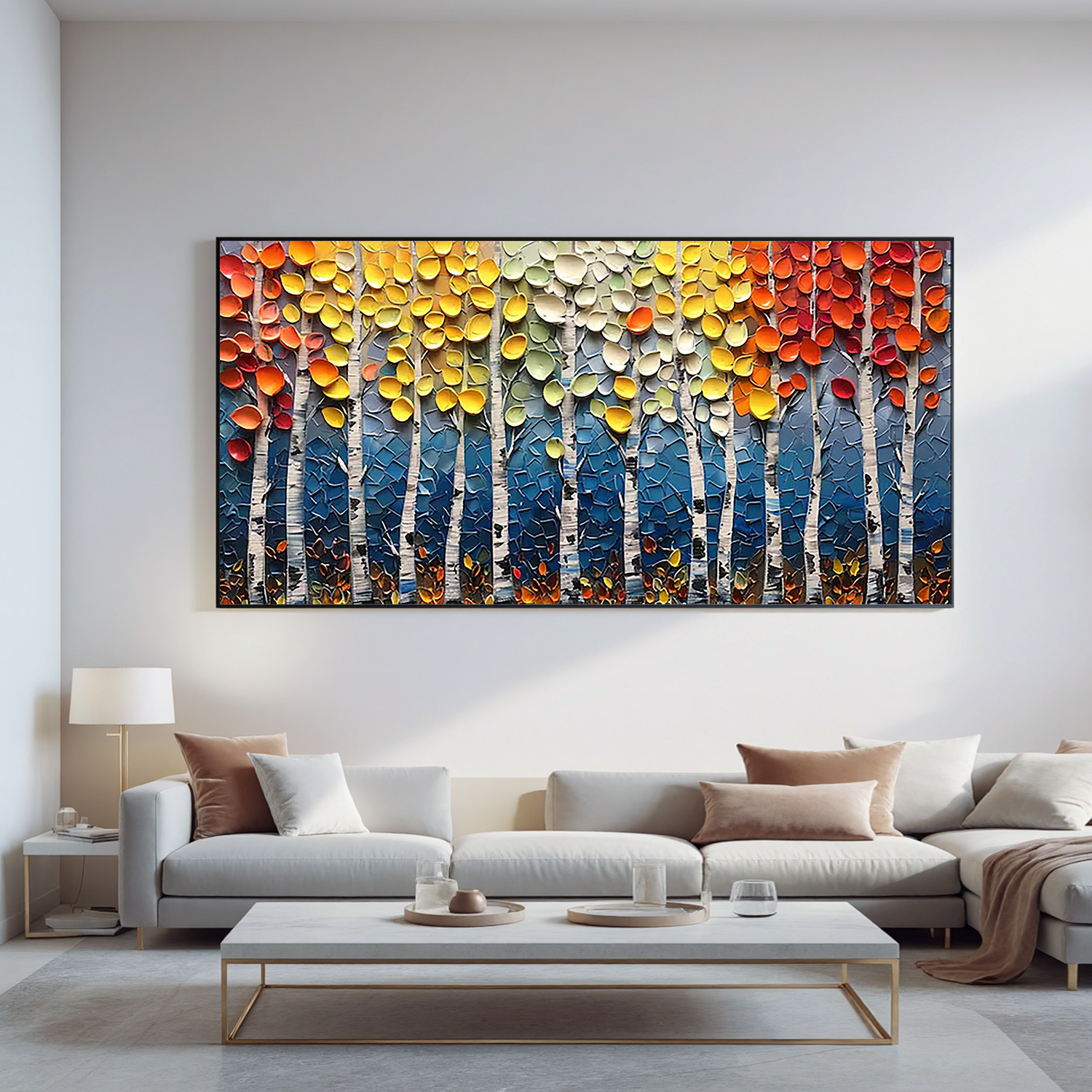 Autumn Symphony - Modern Impasto Vibrant Birch Forest Art | Cozy Living Room Panoramic Wall Decor