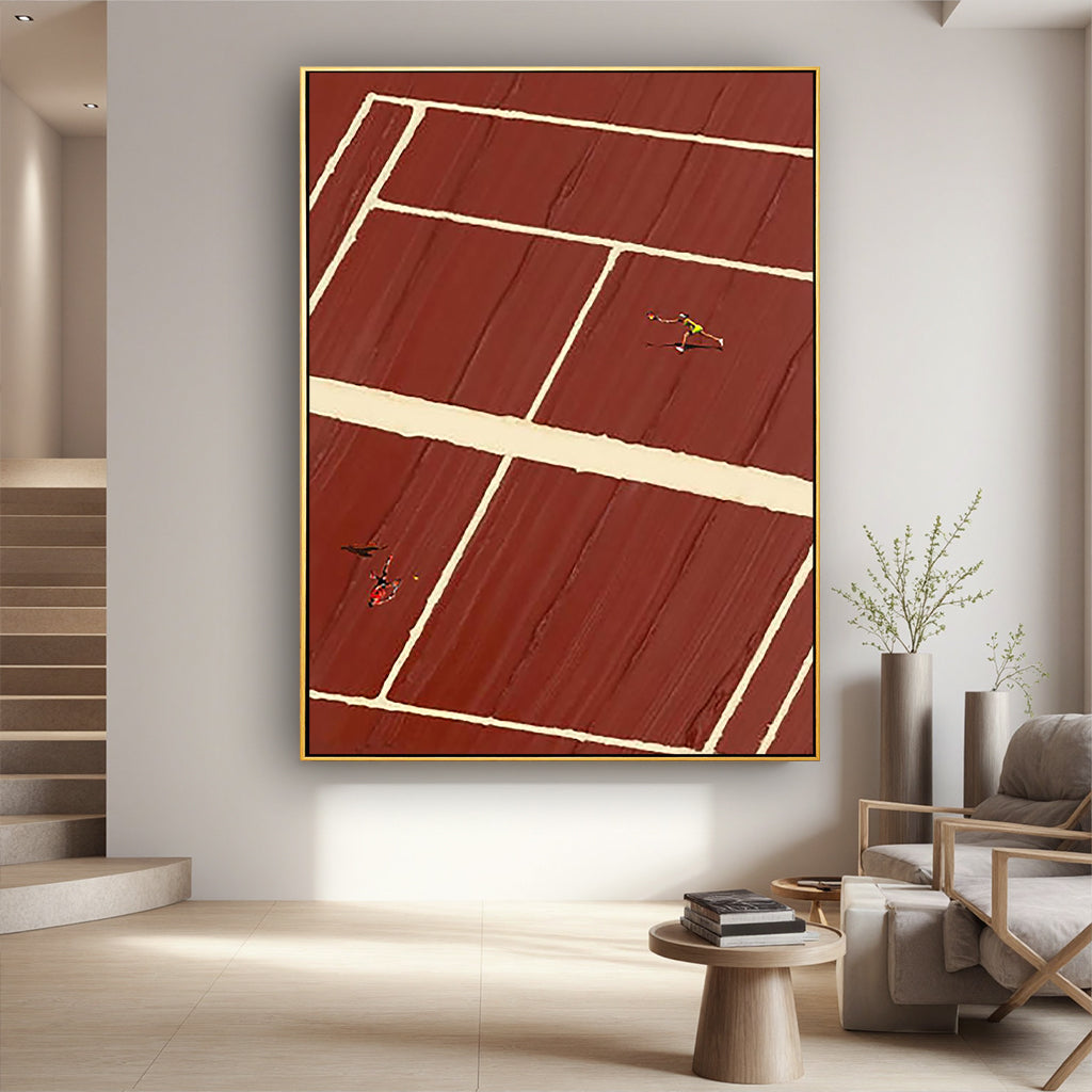 Clay Court – Minimalist Red Clay Tennis Court Hand-Painted Geometric Sport Painting | Contemporary Sport Home Office & Living Room Art