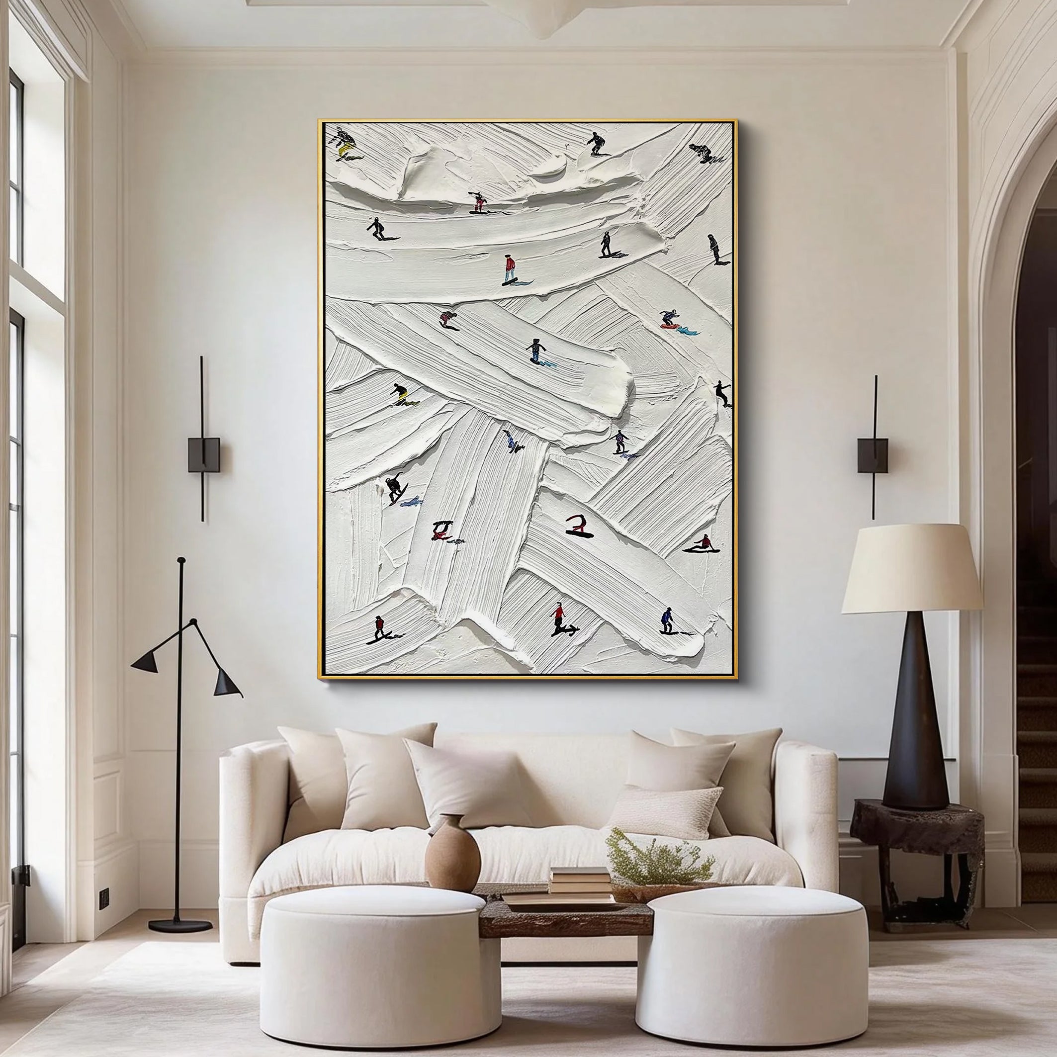 Winter Crossing – Hand-Painted Minimalist Skiing Athletes 3D Plaster Effect Sport Painting | Contemporary Sport Home Office & Living Room Art