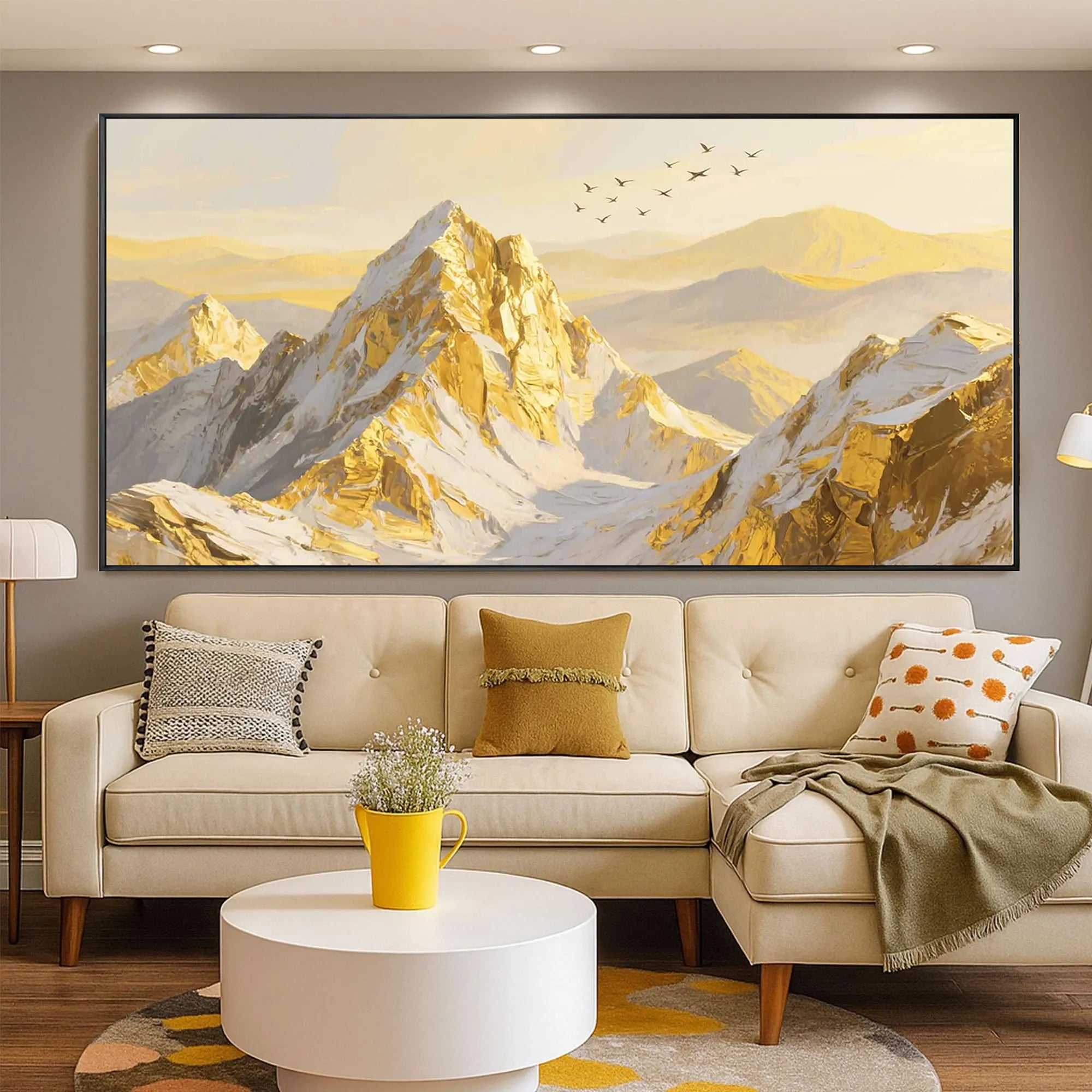Golden Summit – Hand-Painted Alpine Snow Peak Landscape Palette Knife Oil Mountain Painting | Contemporary Mountain Living Room & Home Office Art
