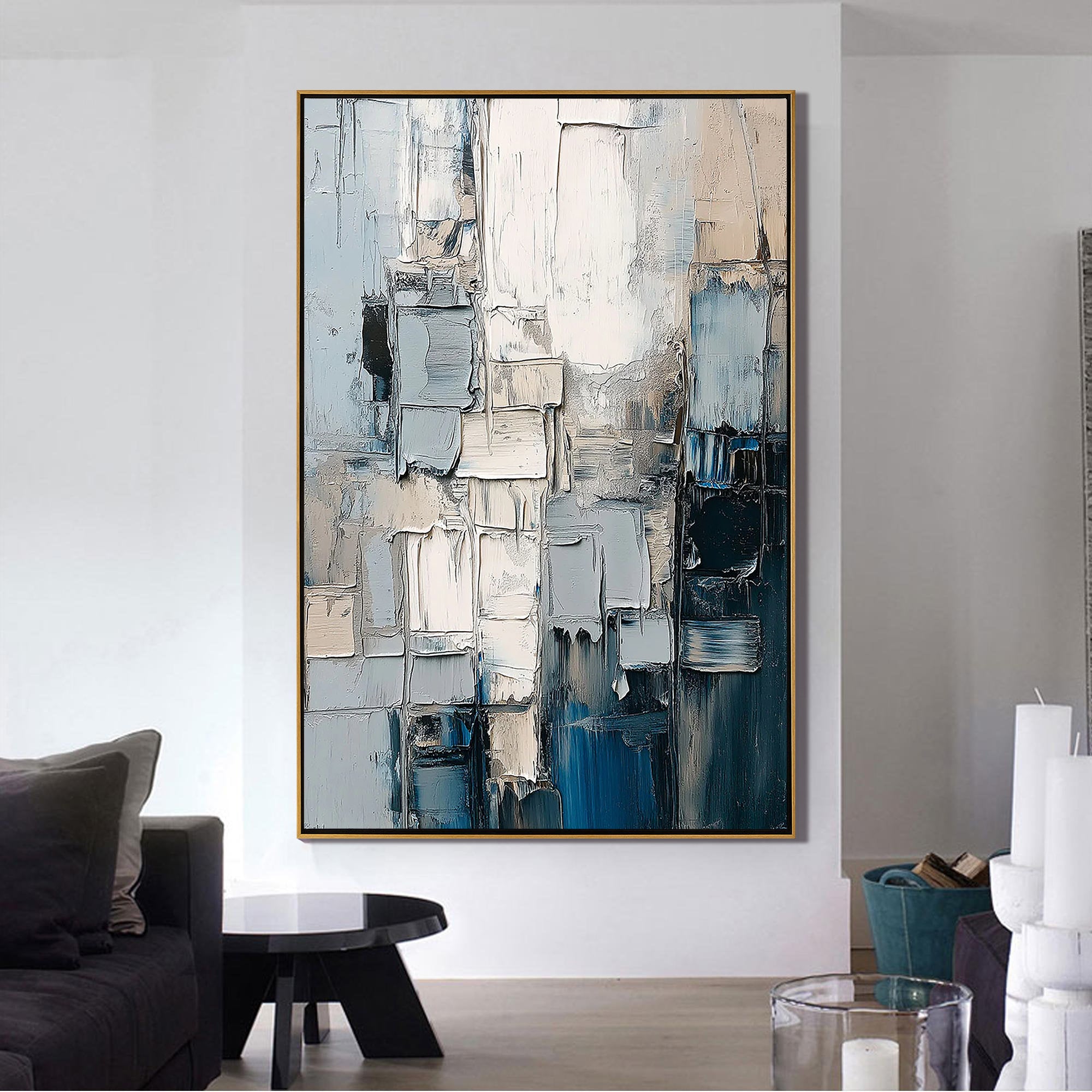 Urban Serenity – Modern Abstract Morandi Blue Grey Palette Knife Texture Painting | Modern Abstract Living Room & Office Art