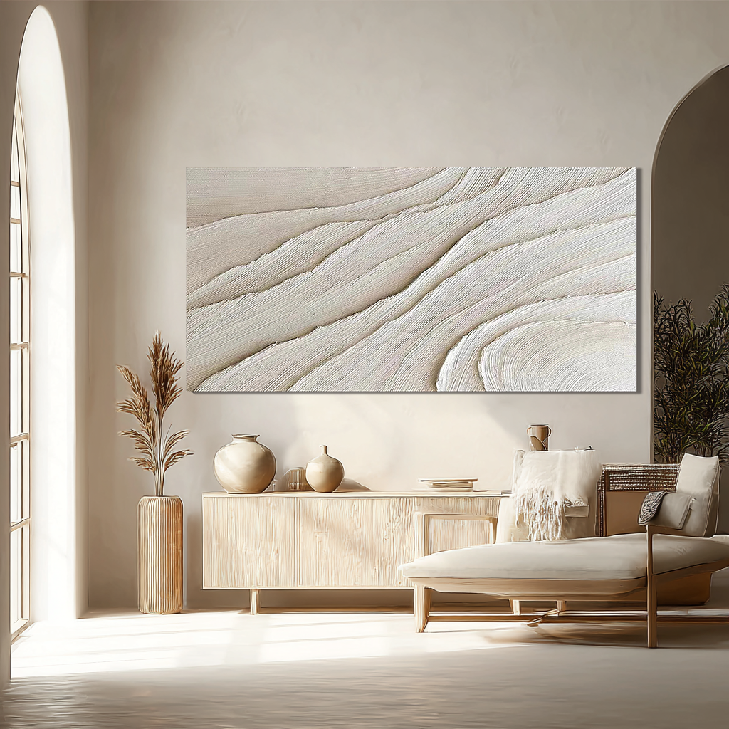 SILK STRATA: Minimalist Wall Art, Hand-Painted Horizontal Off-White Layered Plaster Relief 3D Textured Gallery Art