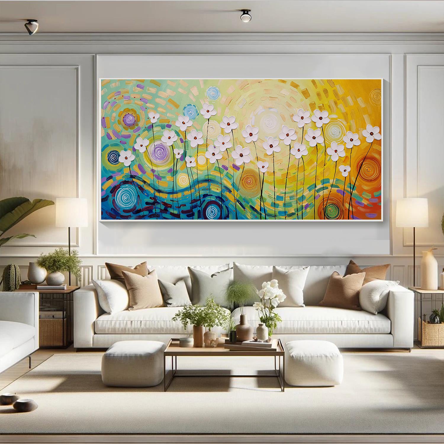 Sunlight Vortex – Vibrant Van Gogh Style Flower Relief Floral Painting | Vibrant Botanical Living Room & Dining Room Art