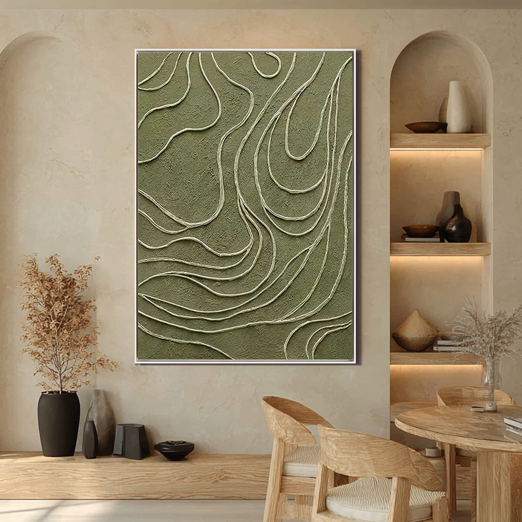 Olive Topography – Hand-Painted Sage Green 3D Line Relief Plaster Effect Minimalist Painting | Modern Minimalist Bedroom & Home Office Art