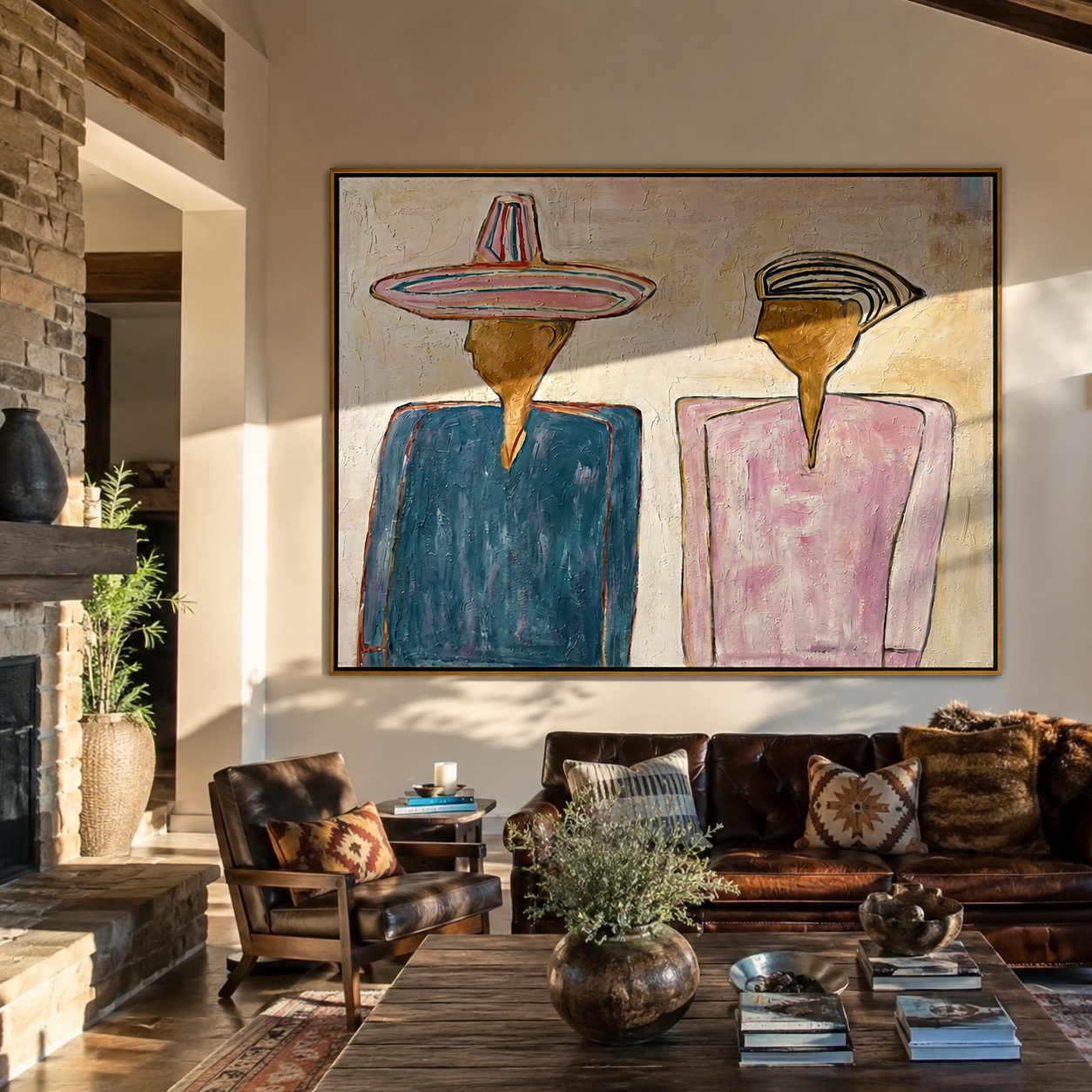 Two Silhouettes Hold Space – Blue Pink Figures Painting | Modern Figurative Horizontal Wall Art