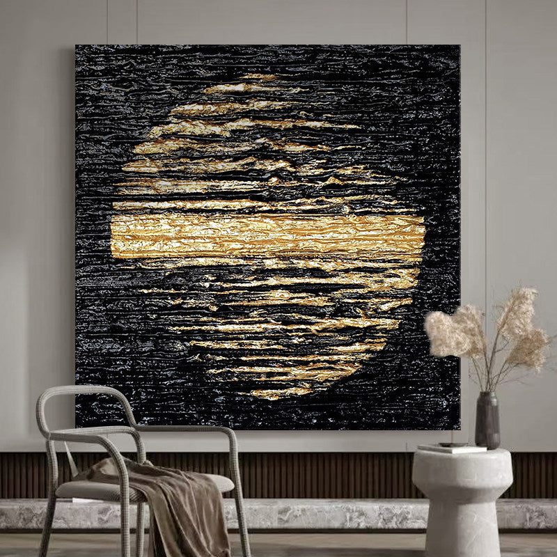 Lunar Glow – Modern Black and Gold Textured Painting | Abstract Luxury Dining Room Art