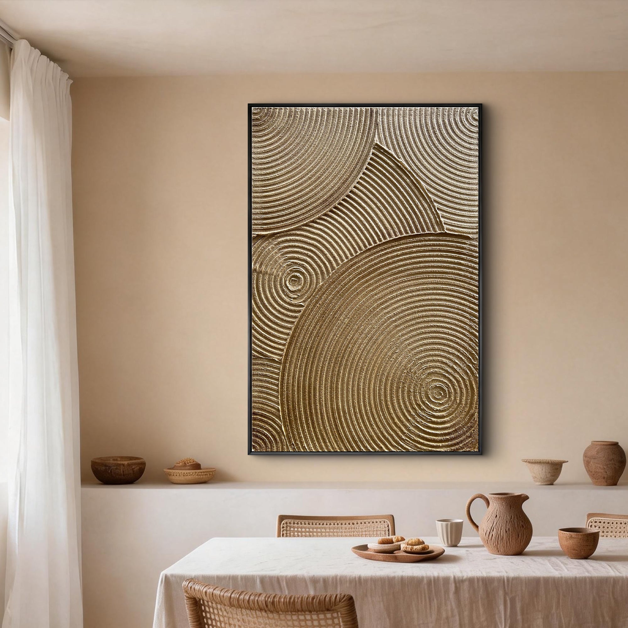 Ripples of Time – Wabi-Sabi Warm Gold Concentric Line Art | Modern Textured Living Room Art