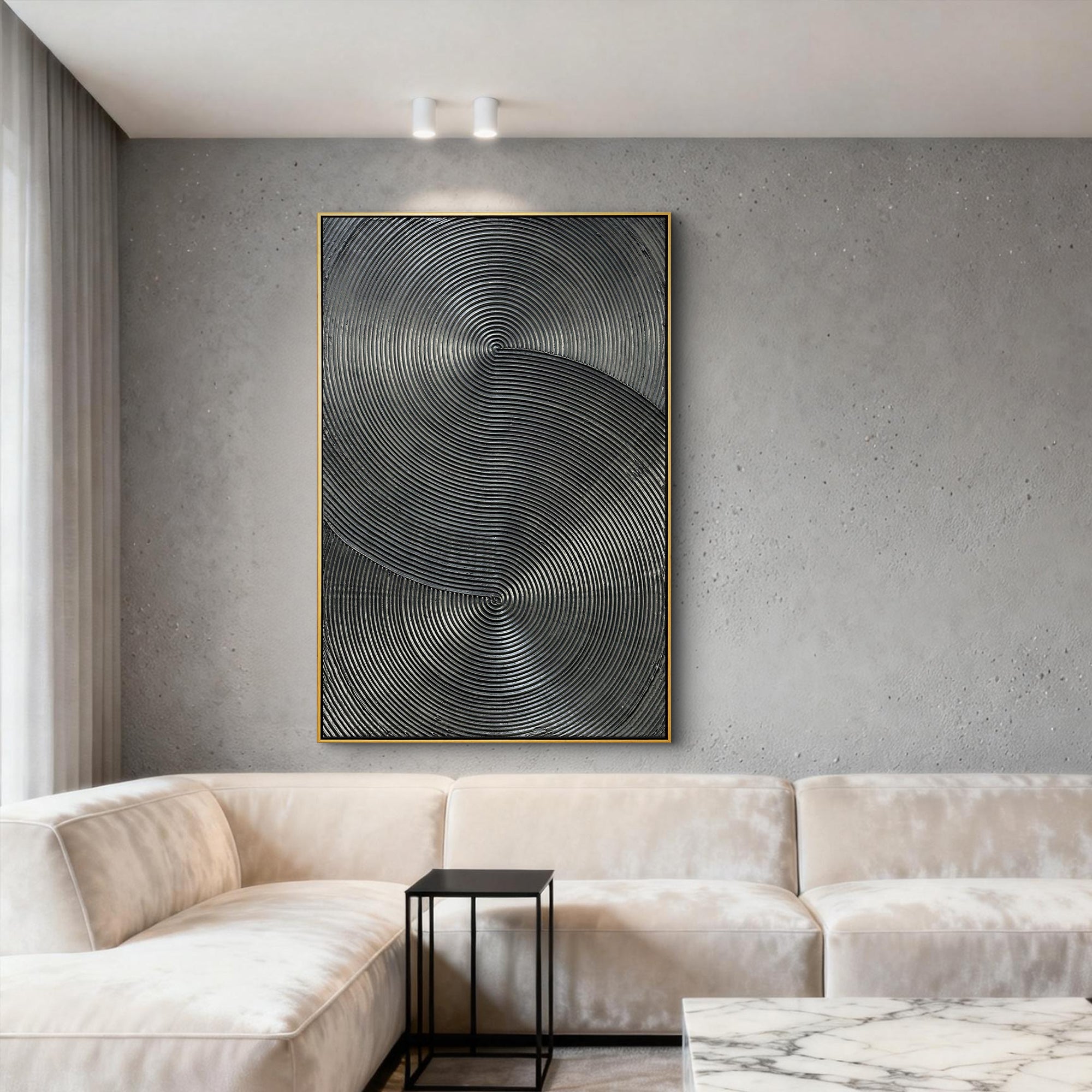 Obsidian Echo – Minimalist Dark Charcoal Textured Art | Modern Industrial Geometric Living Room Art