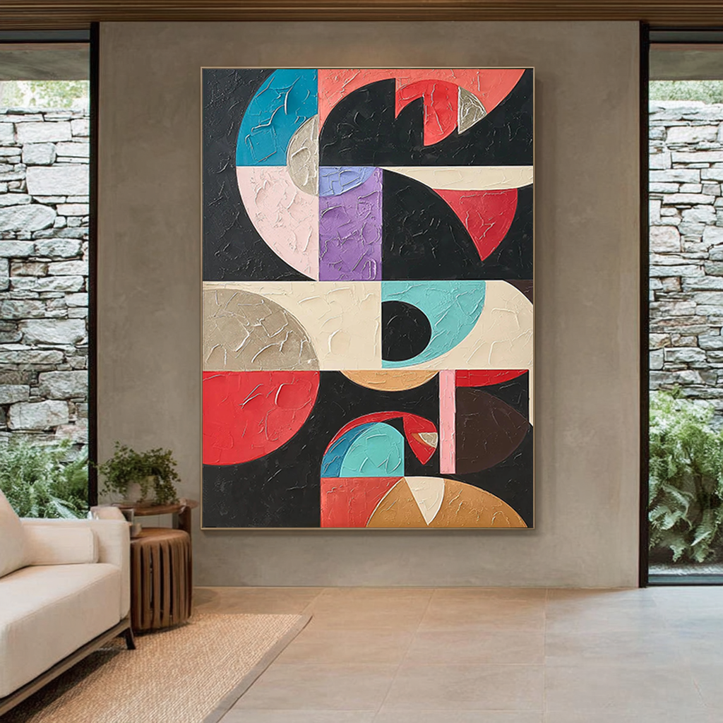 Geometric Pulse – Hand-Painted Multicolored Geometric Block Plaster Effect Abstract Painting | Bold Abstract Palette Knife Living Room Art