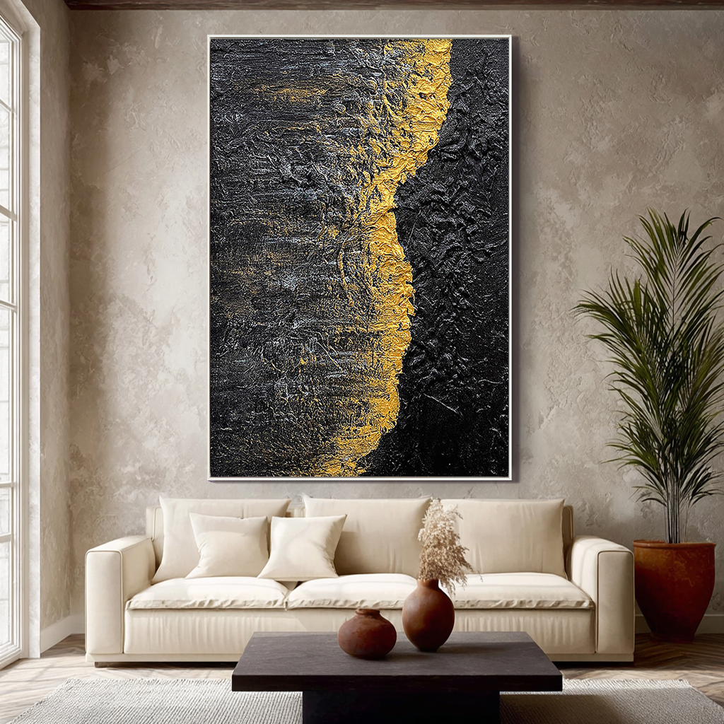 Golden Rift – Heavy Impasto Black and Gold Abstract Art | Luxury Minimalist Living Room Art