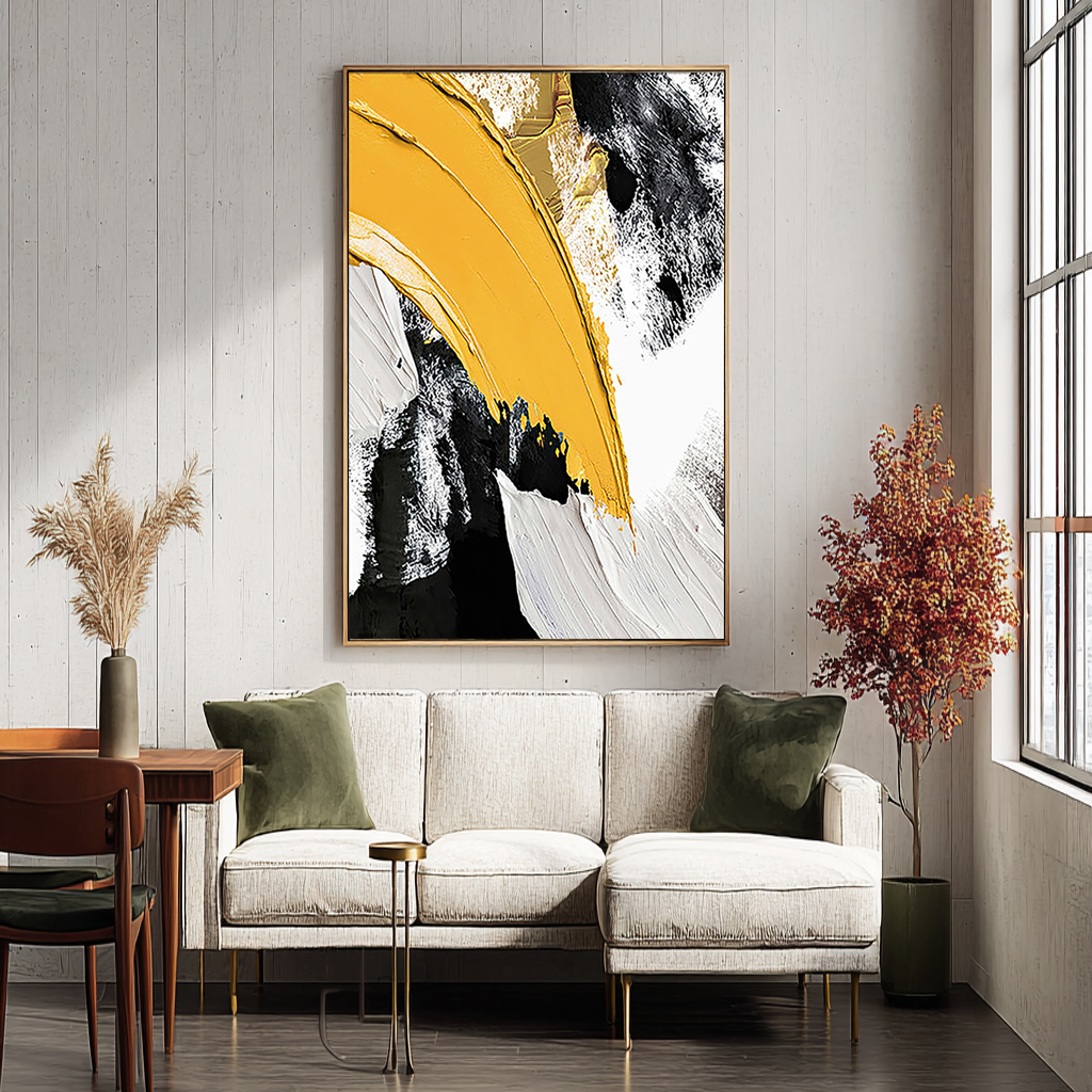Amber Sweep – Bold Yellow & Black Palette Knife Minimalist Painting | Modern Minimalist Bedroom & Home Office Art
