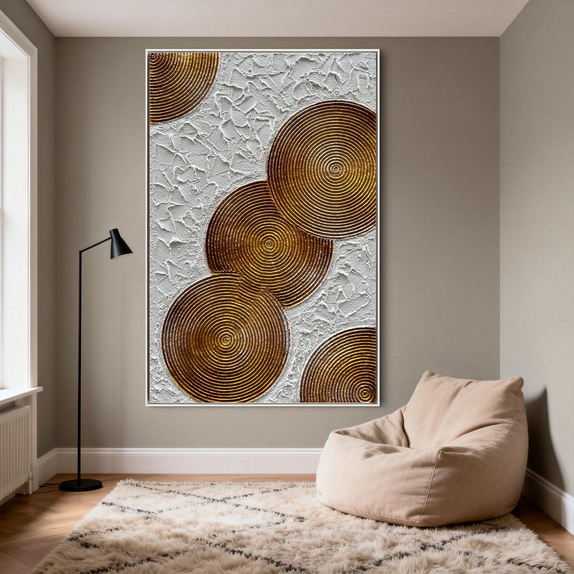 Amber Spheres – Modern Bronze Circle Relief Texture Painting | Contemporary Plaster Texture Living Room & Office Art
