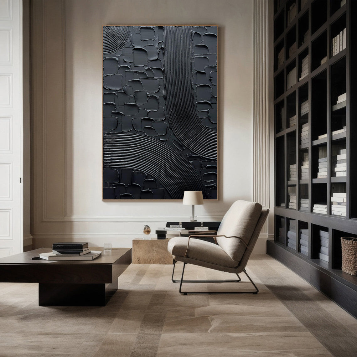 Midnight Mesh – Modern All-Black Plaster Relief Canvas Texture Painting | Modern Industrial Plaster Home Office & Living Room Art
