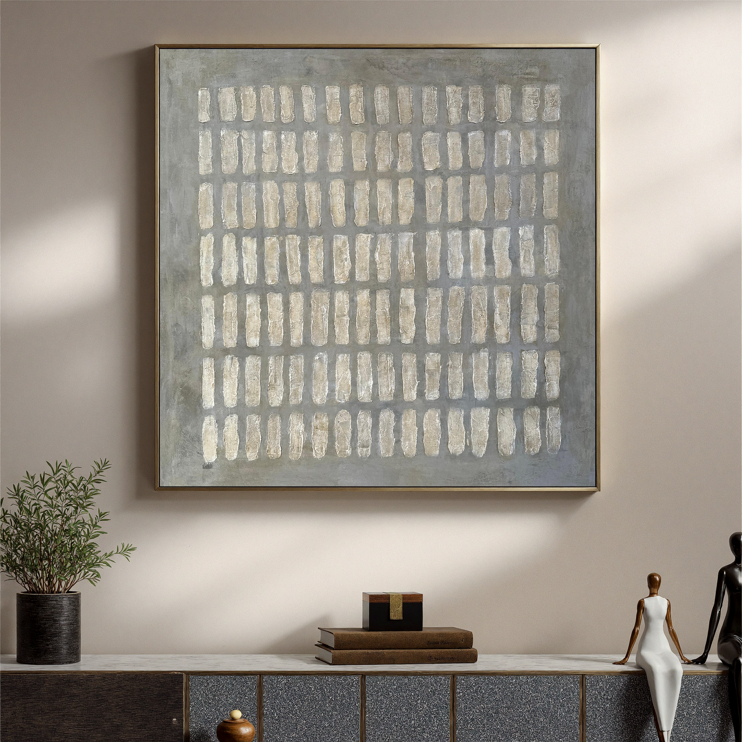 Stone Echo – Wabi-Sabi Slate Grey Minimalist Grid Painting | Modern Geometric Textured Hallway Art