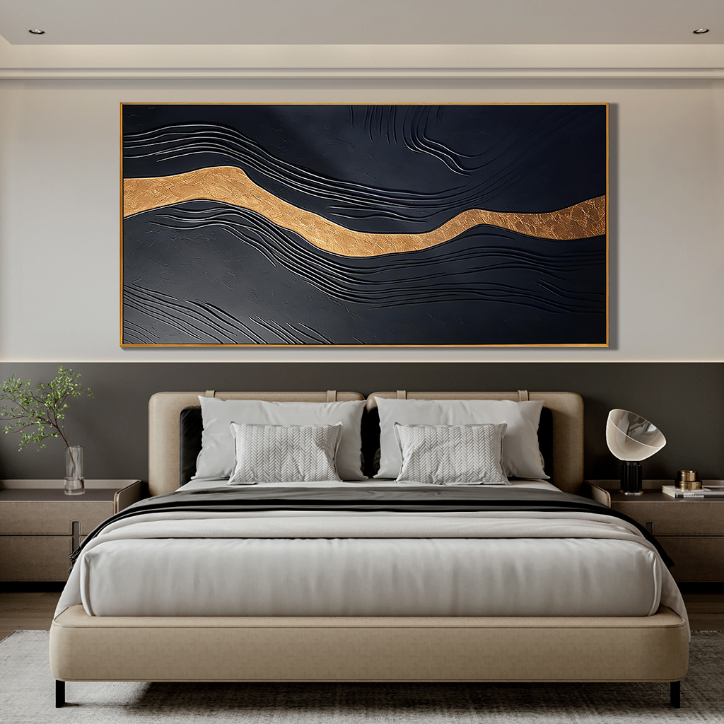 GOLDEN VEIN: Abstract Wall Art, Hand-Painted Dark Grey and Gold Foil Modern Luxury Textured Gallery Art