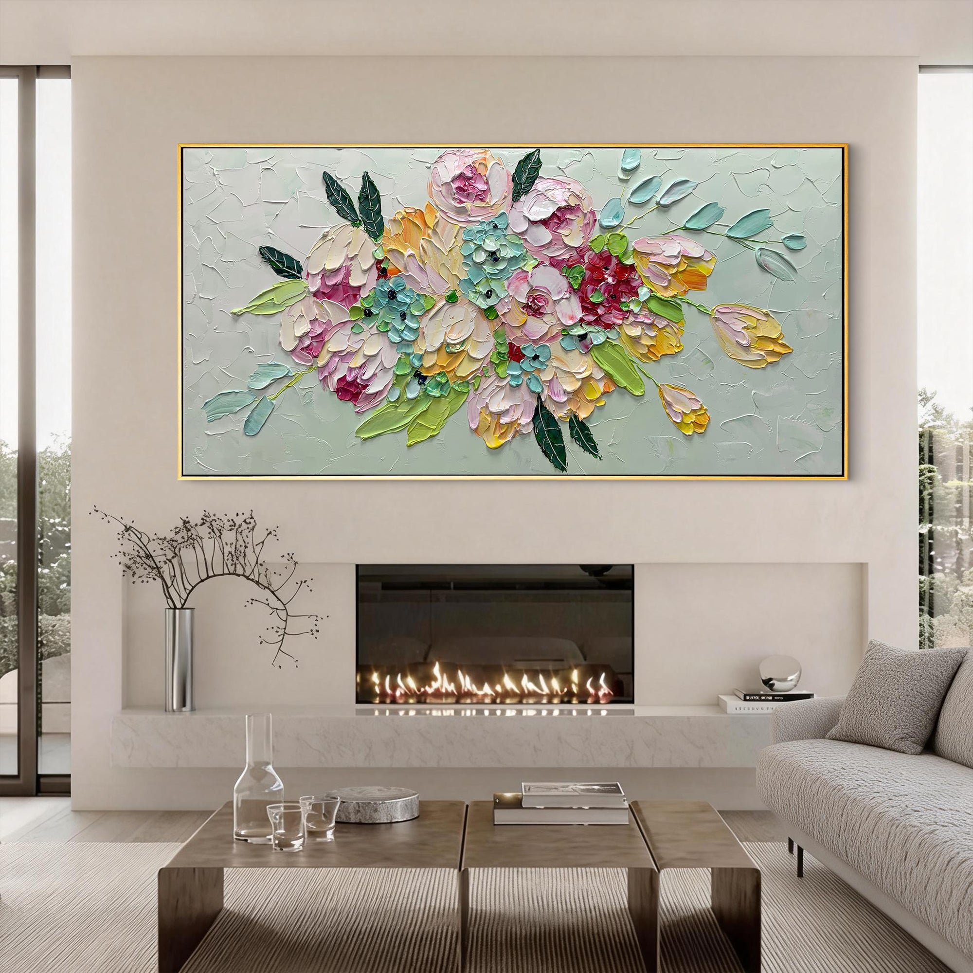 Vibrant Bloom – Colorful 3D Textured Flower Floral Painting | Vibrant Botanical Living Room & Dining Room Art